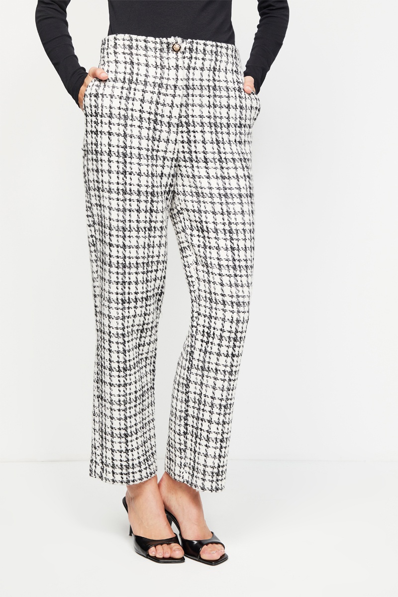 Pantalon bootcut en tweed taille haute Ecru et noir