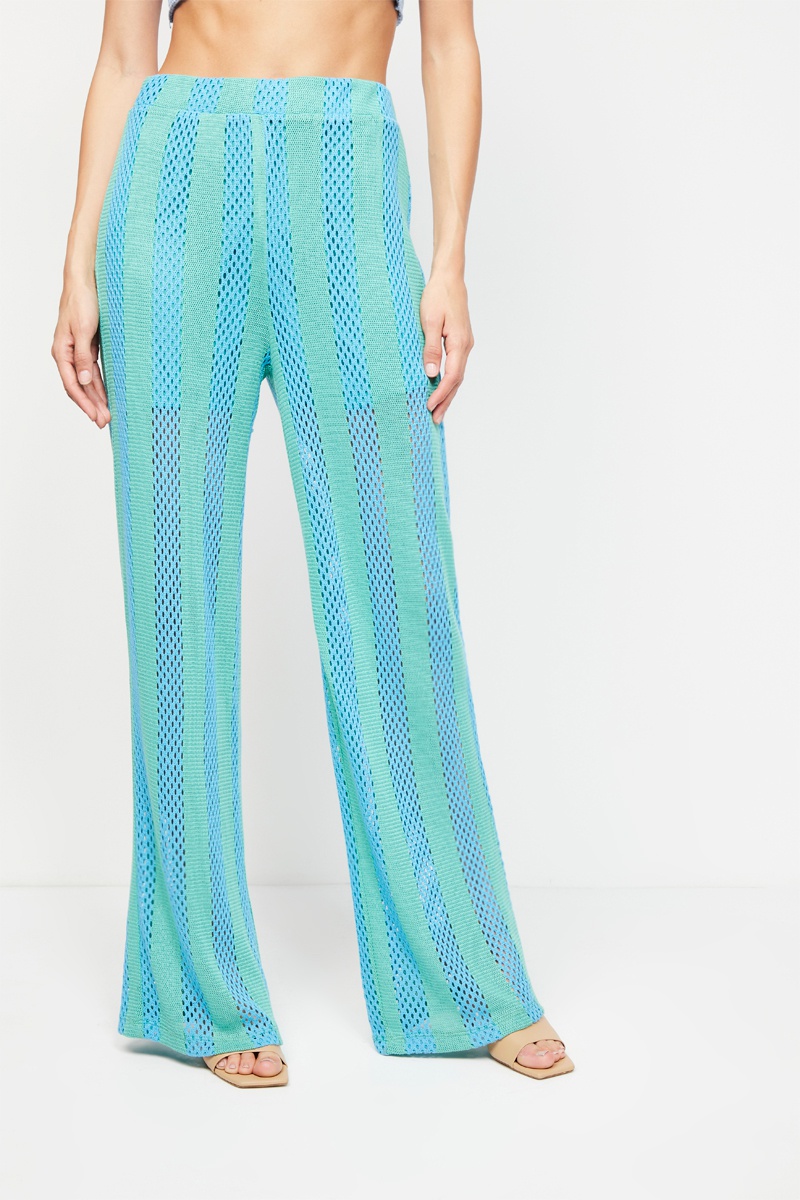 Pantalon palazzo taille haute Vert clair et bleu clair
