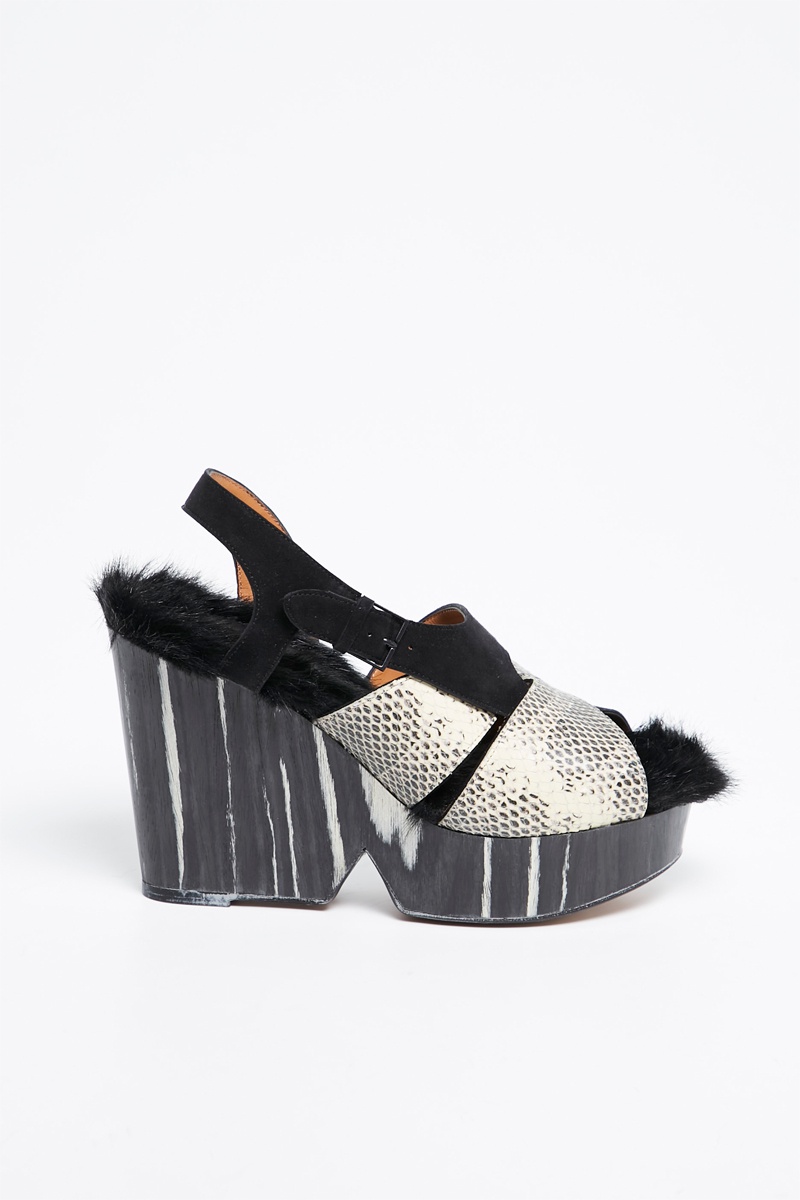 Sandales fourrées compensées en cuir Ecru et noir