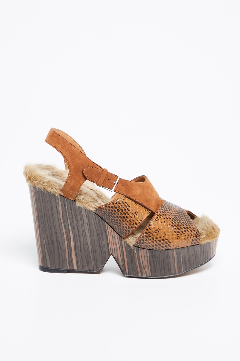 Sandales fourrrées à talons en cuir Camel et noir