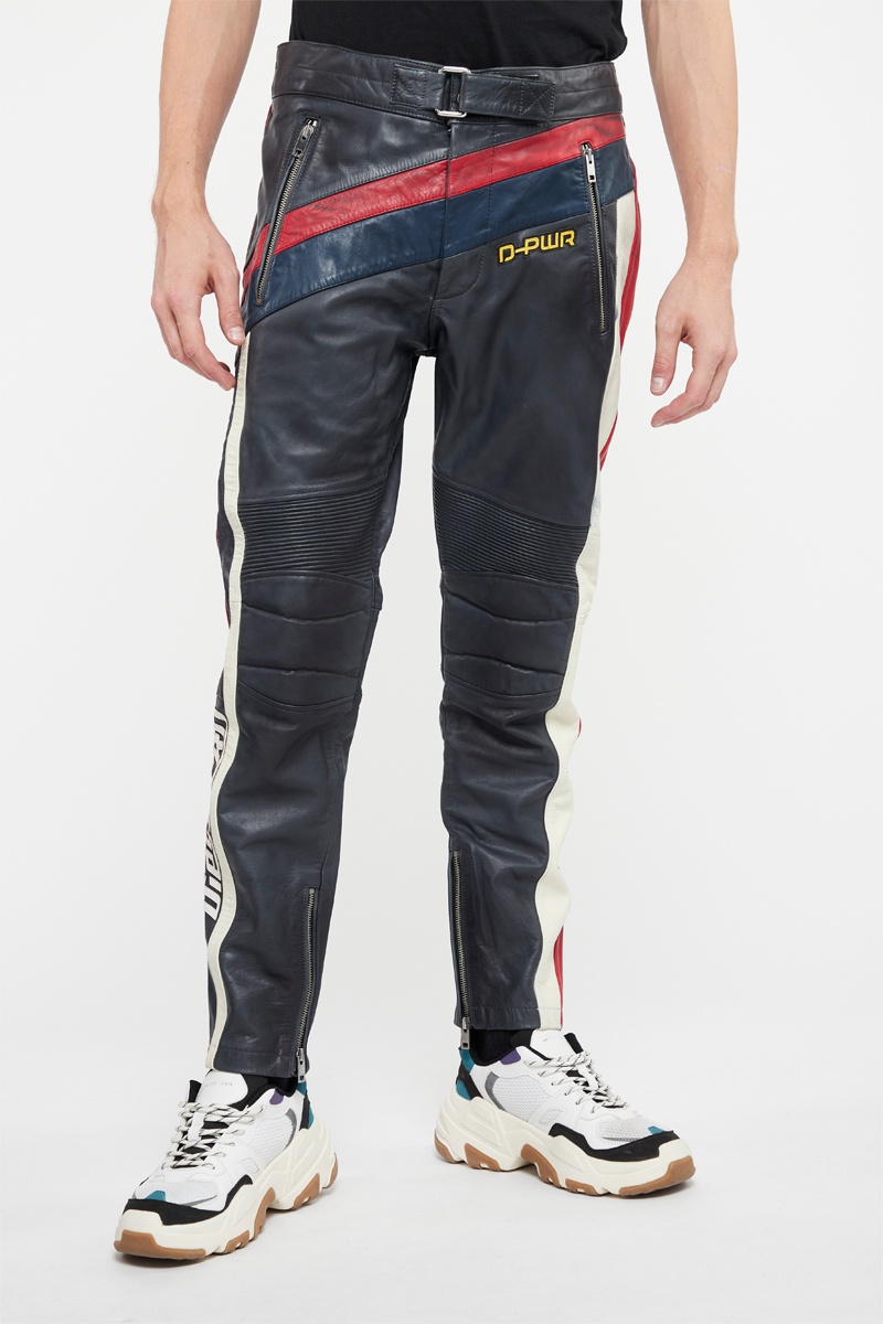 Pantalon droit en cuir de mouton Power Noir et rouge