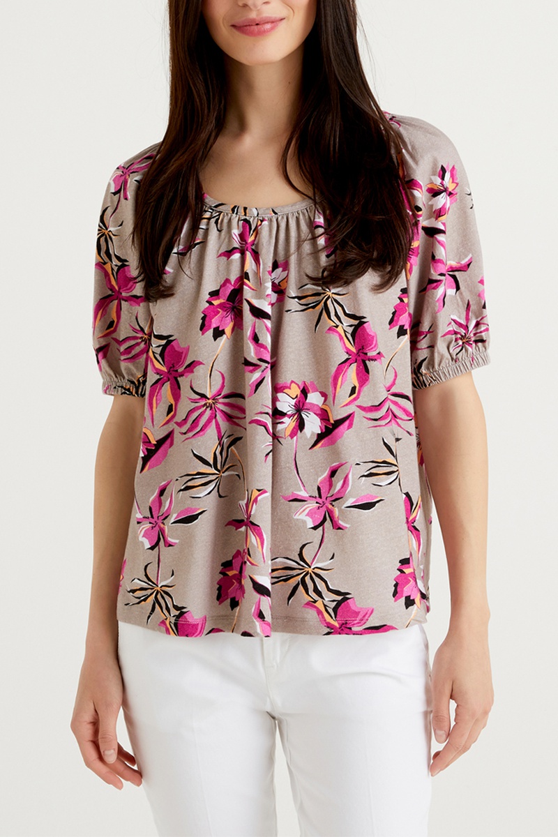 Blouse Taupe chiné et fuchsia