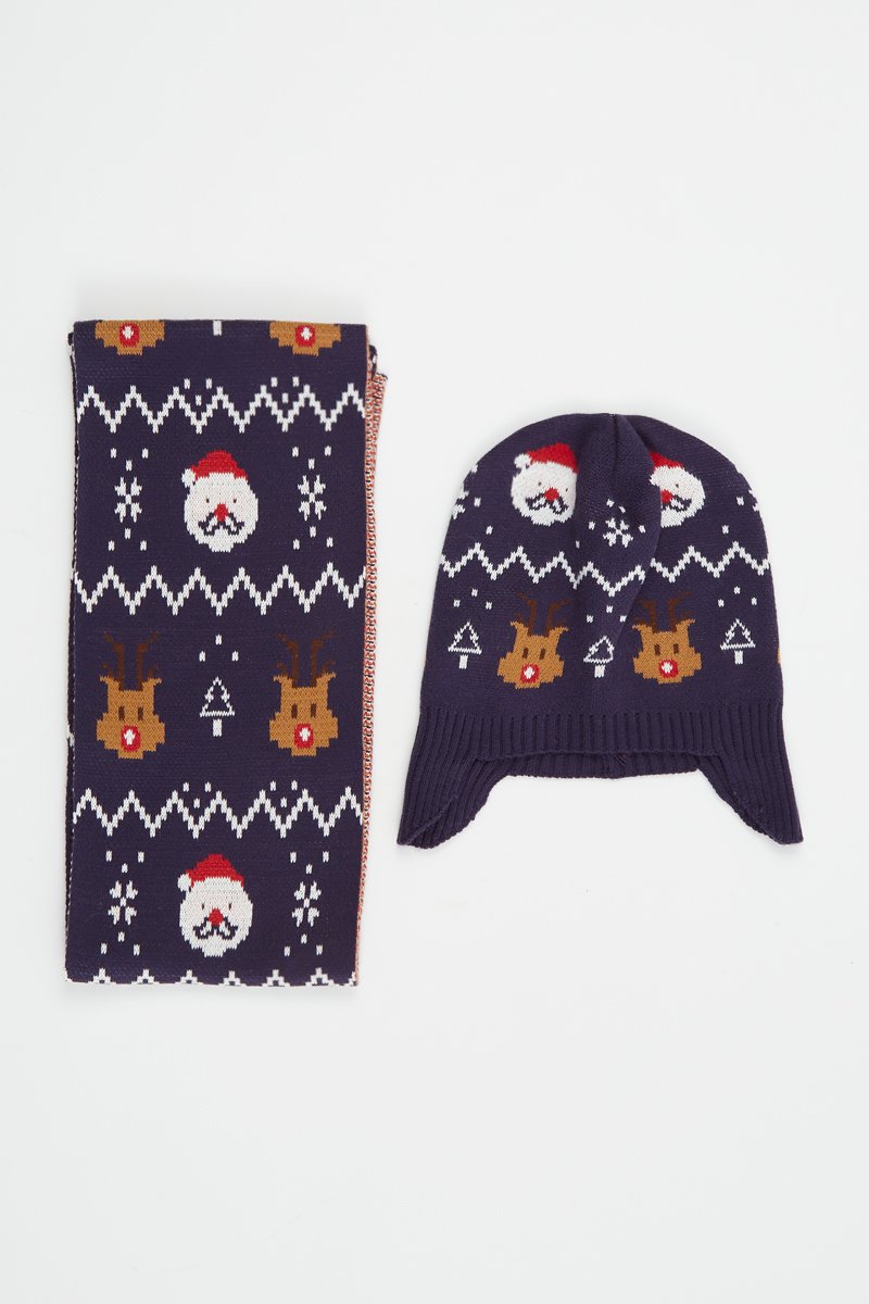 Bonnet aviateur et écharpe Bleu marine