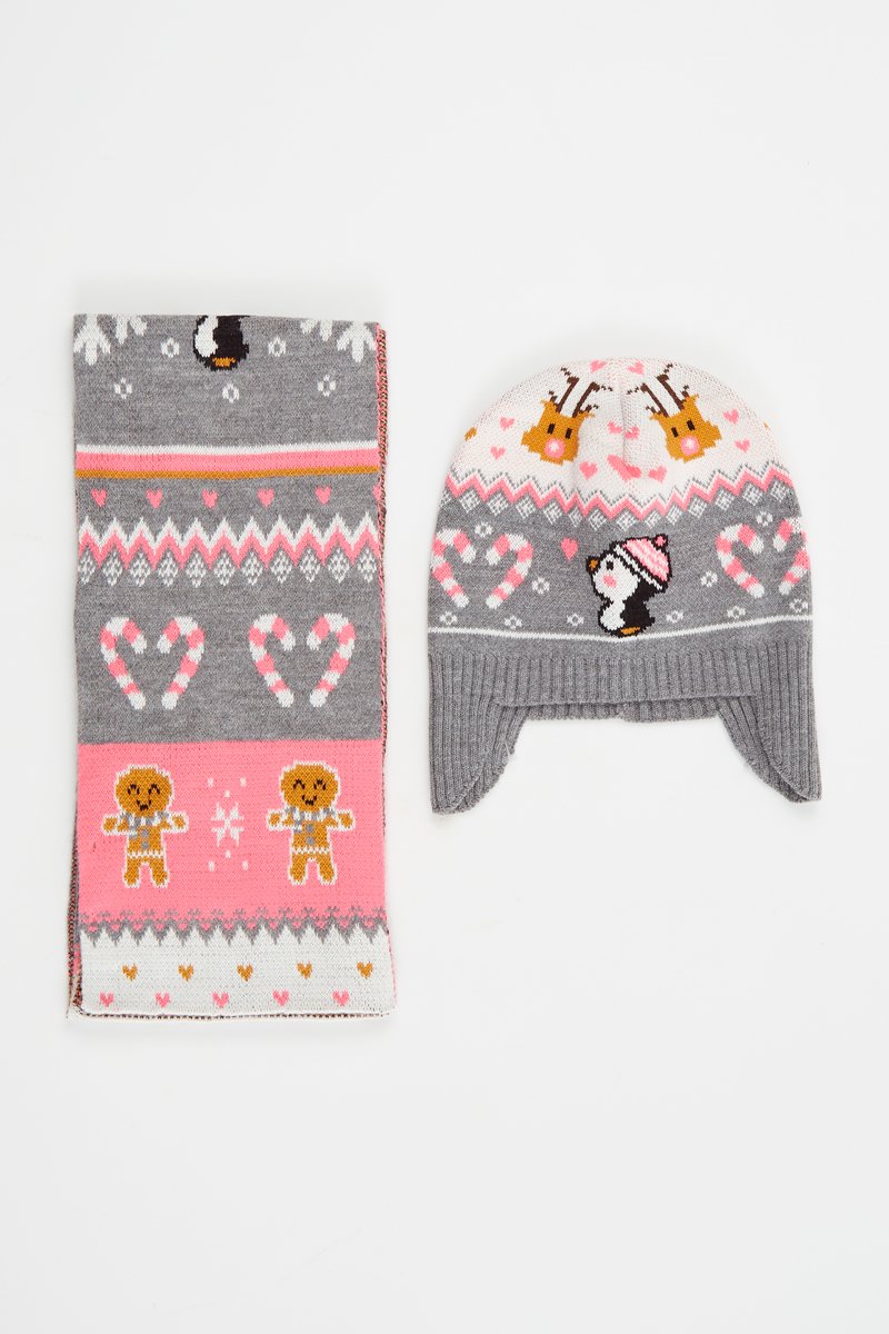 Bonnet aviateur et écharpe Gris et rose