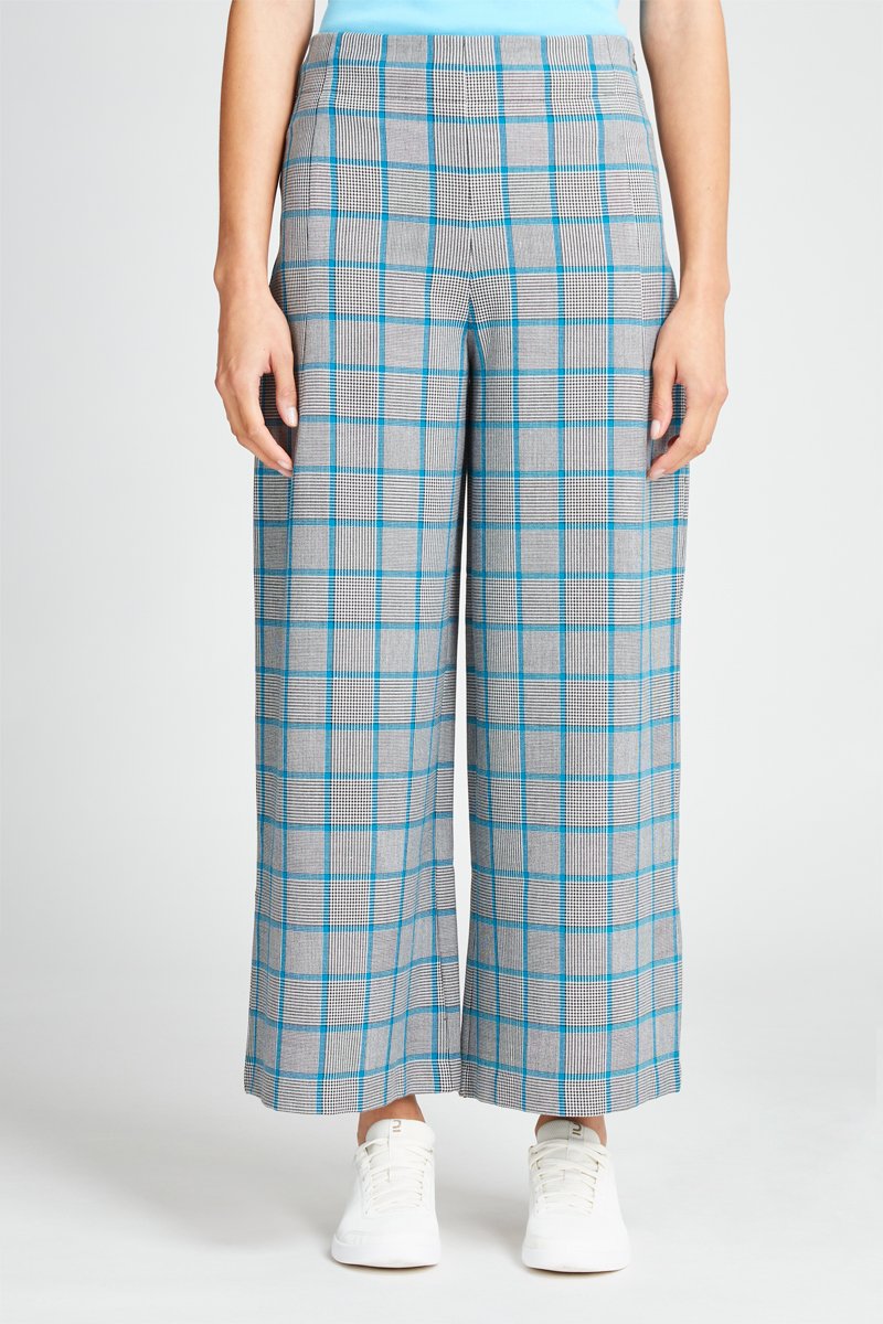 Pantalon wide legs taille haute Blanc et turquoise