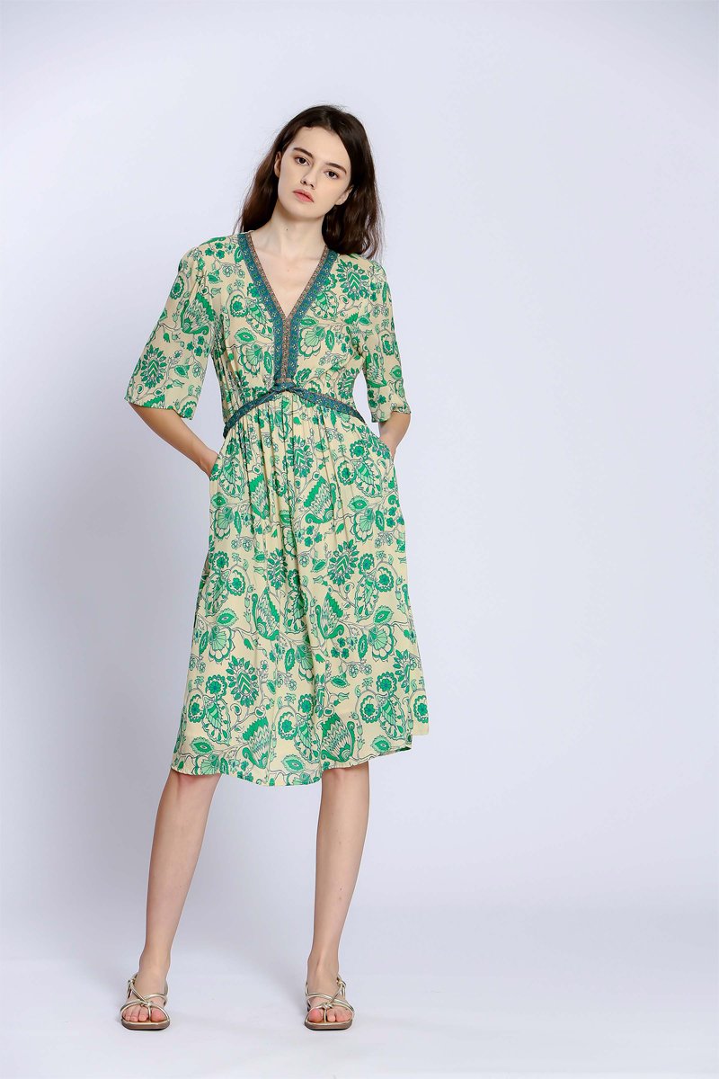 Robe chemise - Beige et vert