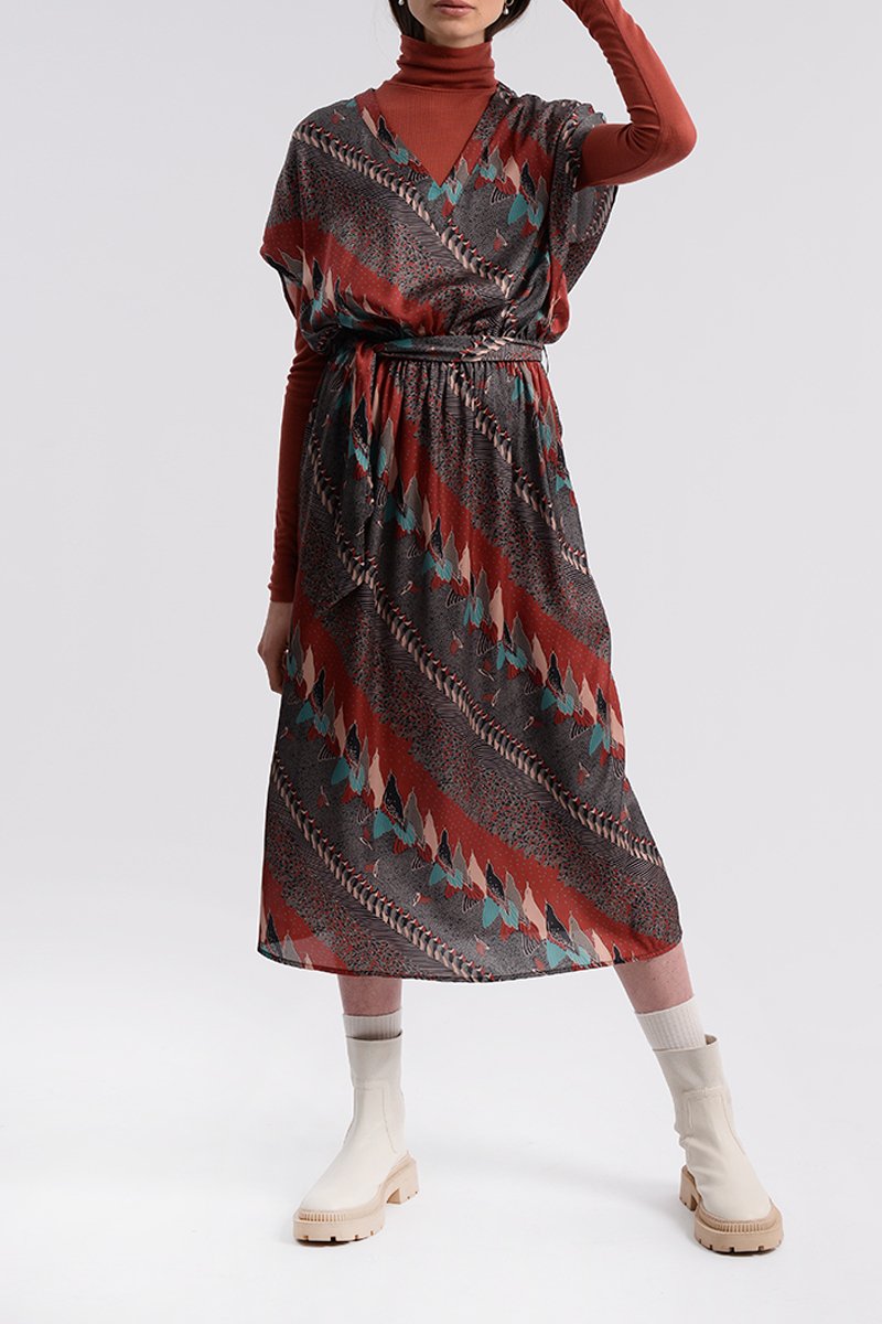 Robe midi Rouge brique et turquoise - Molly Bracken