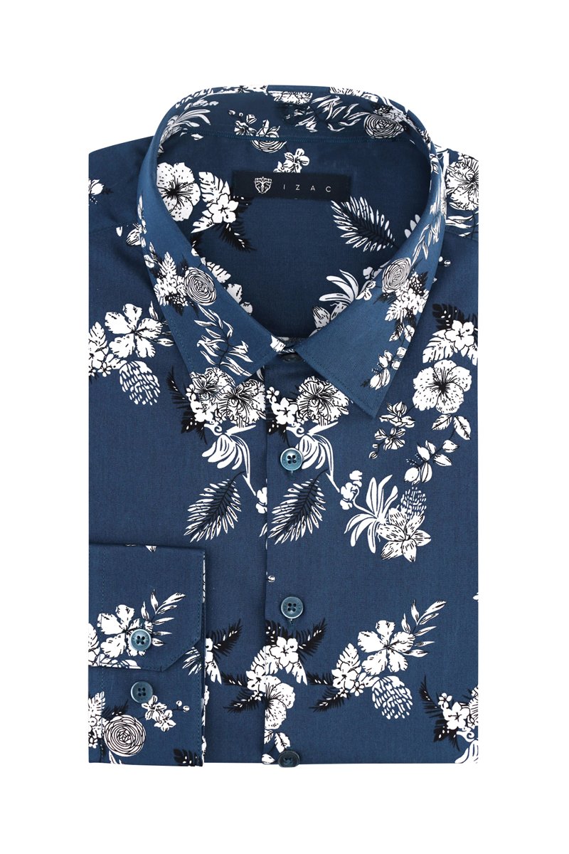 Chemise slim à motifs fleuris Bleu marine et blanc