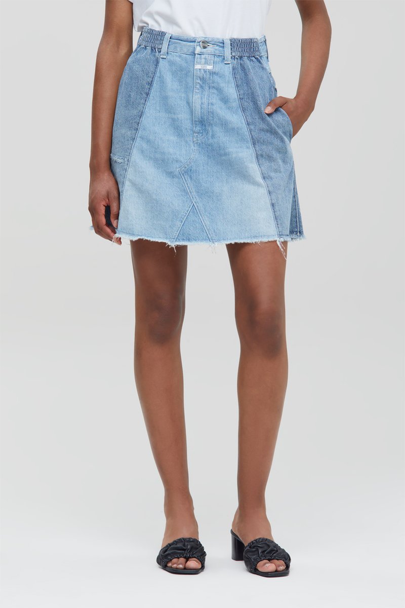 Jupe patineuse en jean en coton biologique taille haute - Bleu