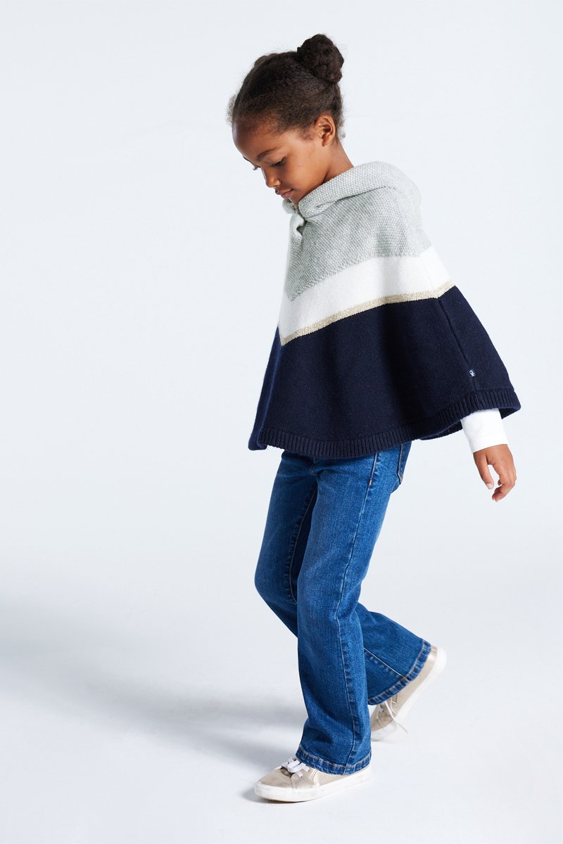 Poncho à capuche - Bleu marine et gris clair chiné- Okaïdi