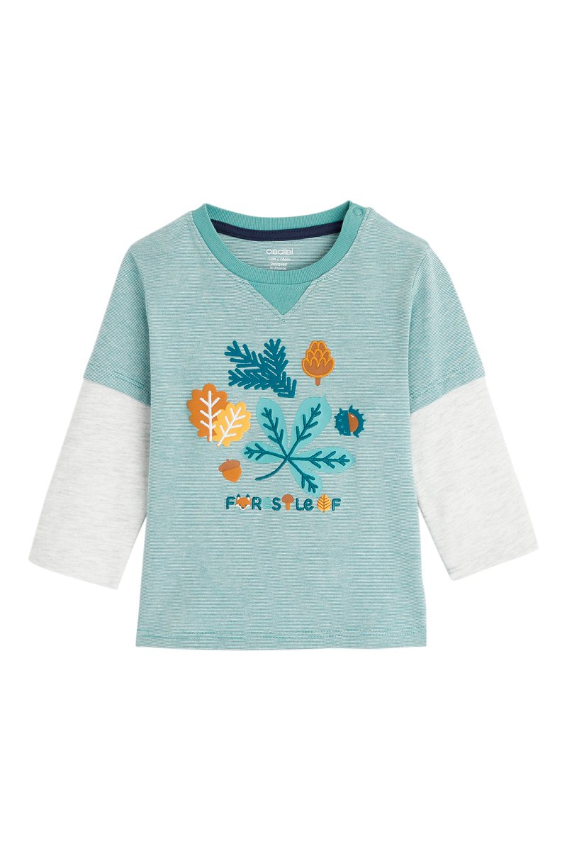 T-shirt trompe-l’oeil - Turquoise et gris clair chiné - Obaïbi