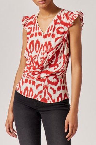 Top drapé Ecru et rouge