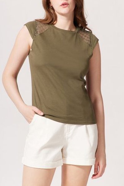 Top bi-matière Kaki