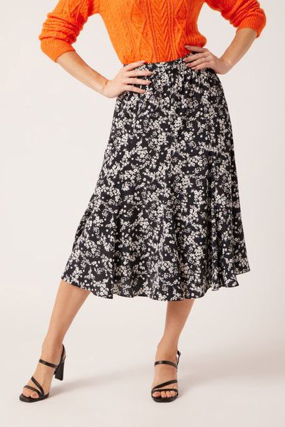 Jupe midi taille haute Noir et Ecru