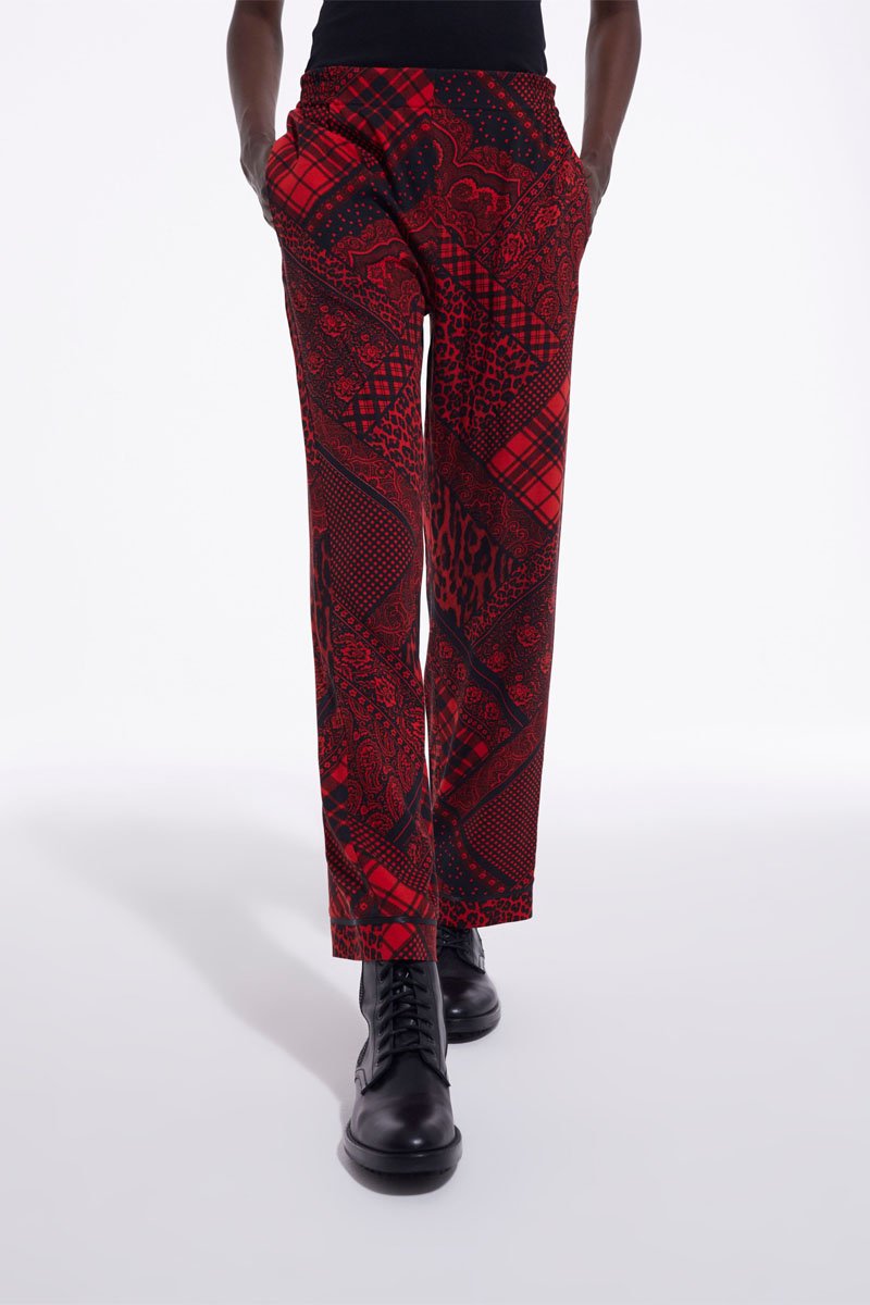 Pantalon droit en soie - Rouge et noir