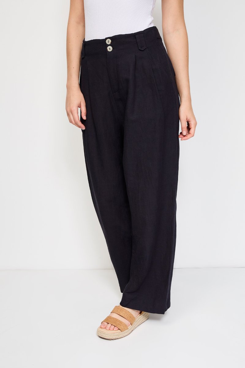 Pantalon en lin taille haute - Bleu marine