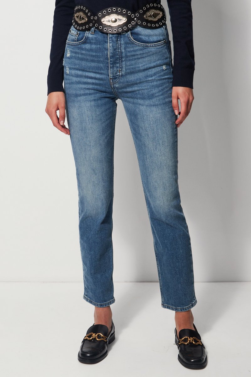 Jean bootcut taille haute et ceinture en cuir - Bleu clair
