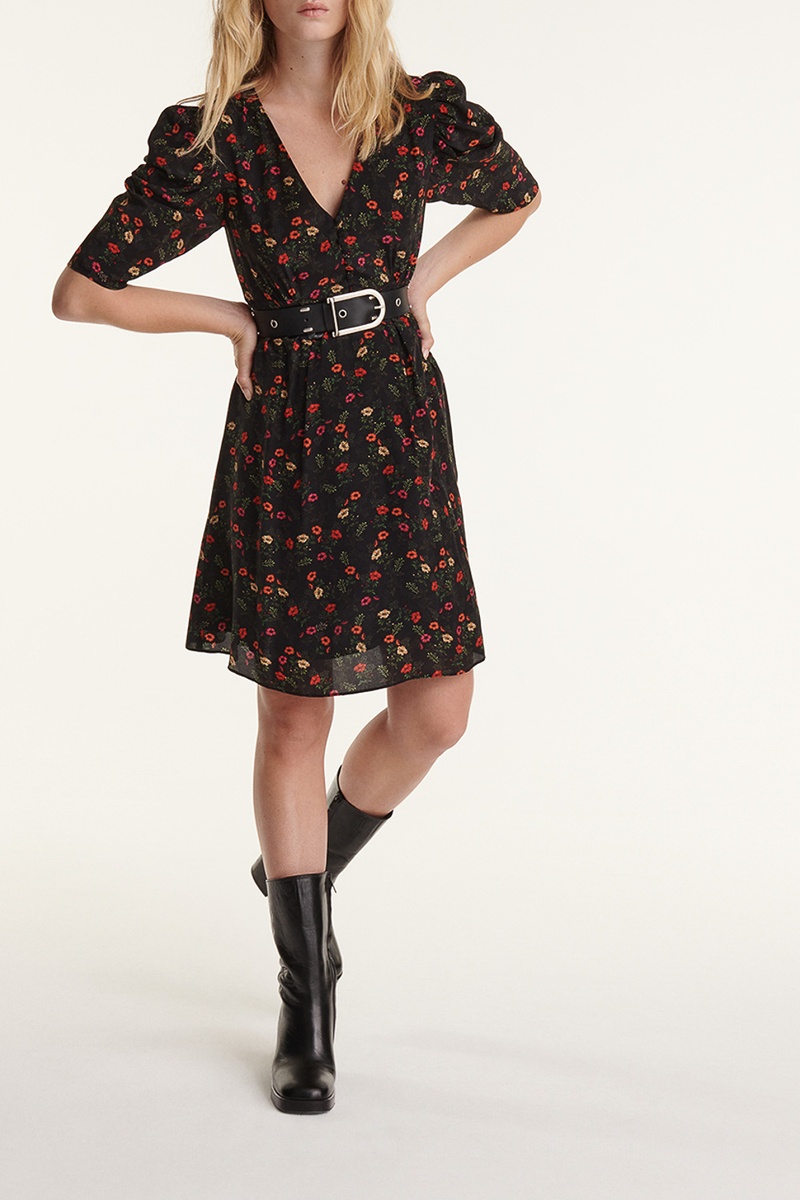 Robe plissée en soie - Noir et rouge