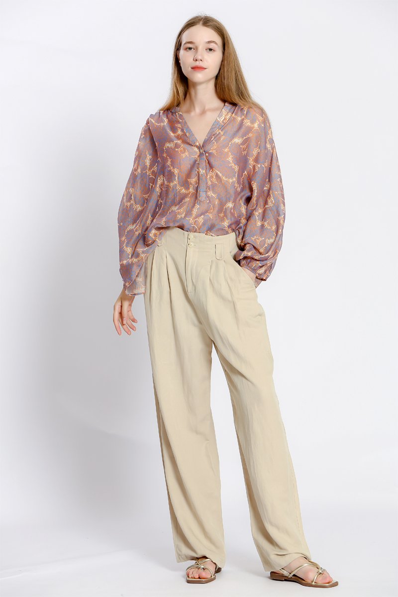 Pantalon en lin taille haute - Beige