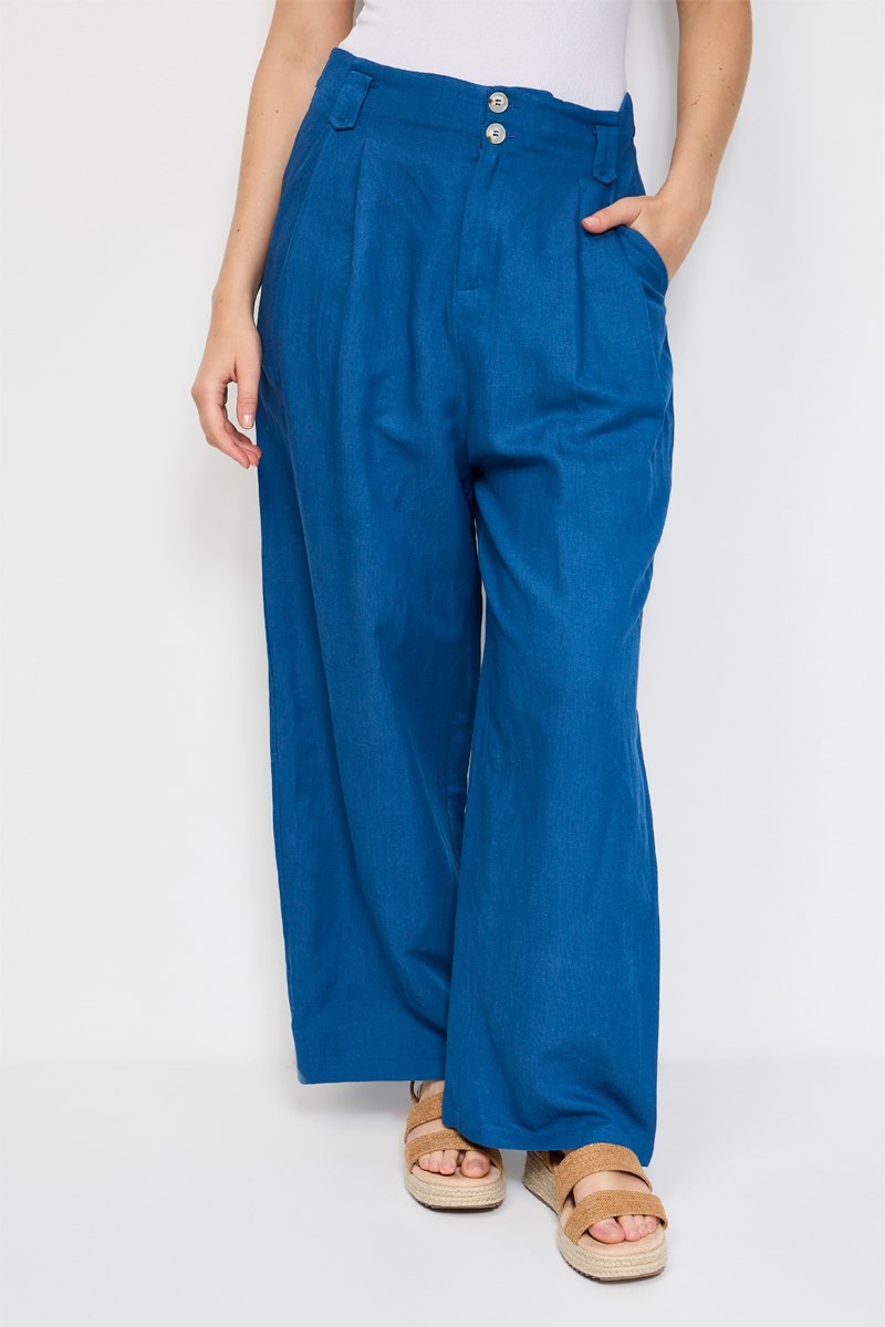 Pantalon en lin taille haute - Bleu roi