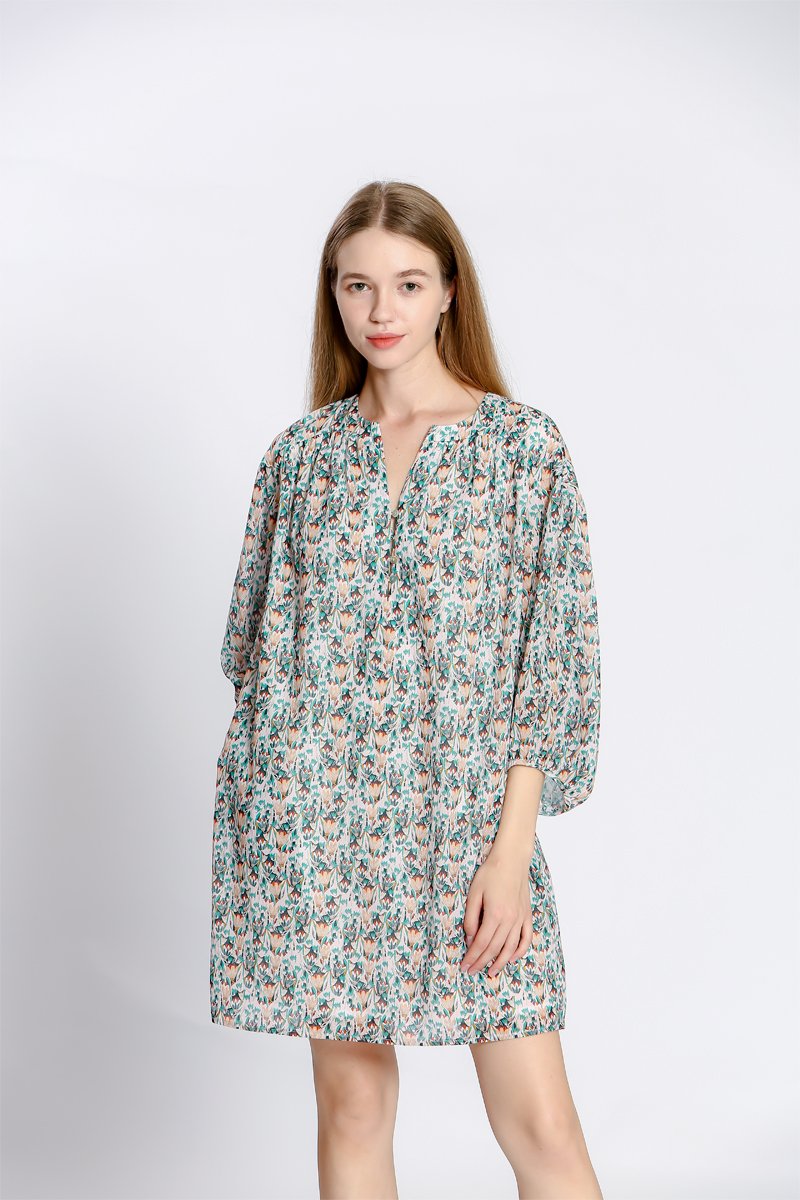 Robe droite - Ecru et turquoise - 100% coton