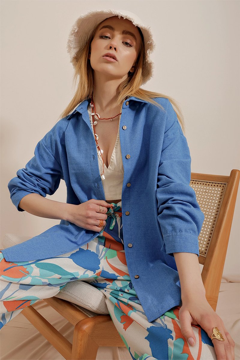 Chemisier en lin - Bleu