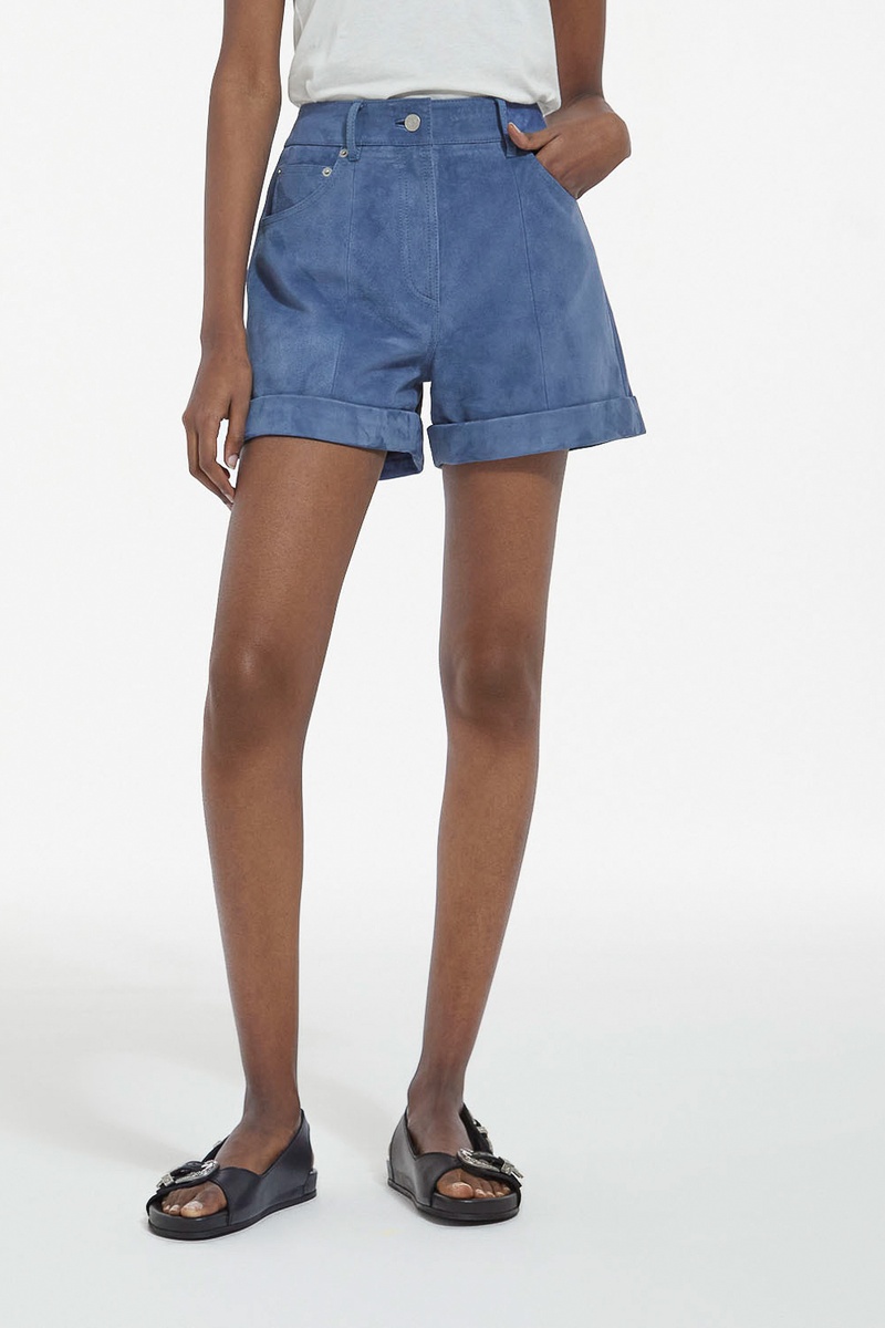 Short en cuir de chèvre nubuck taille haute - Ciel