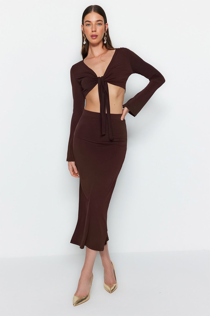 Crop top et jupe midi - Marron