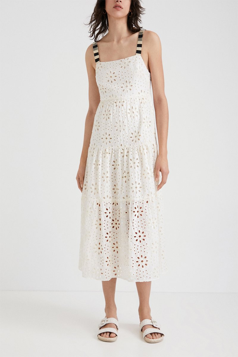 Robe midi en broderie anglaise - Ecru