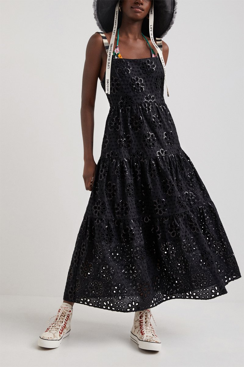 Robe midi en broderie anglaise - Noir