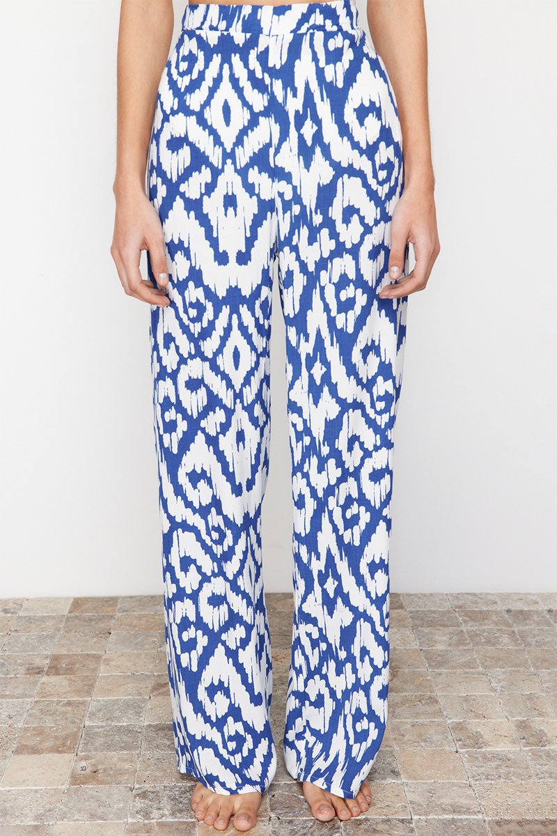 Pantalon taille haute - Ecru et bleu cobalt