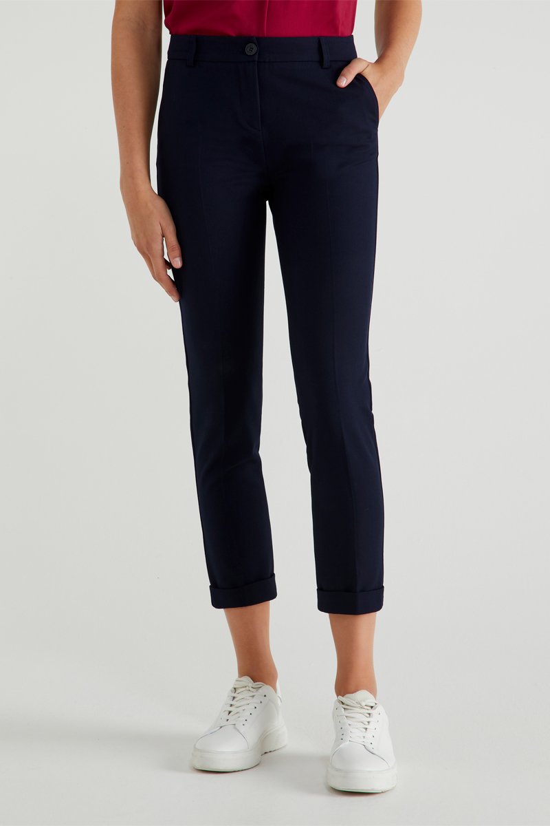 Pantalon droit 7/8 taille haute Bleu marine