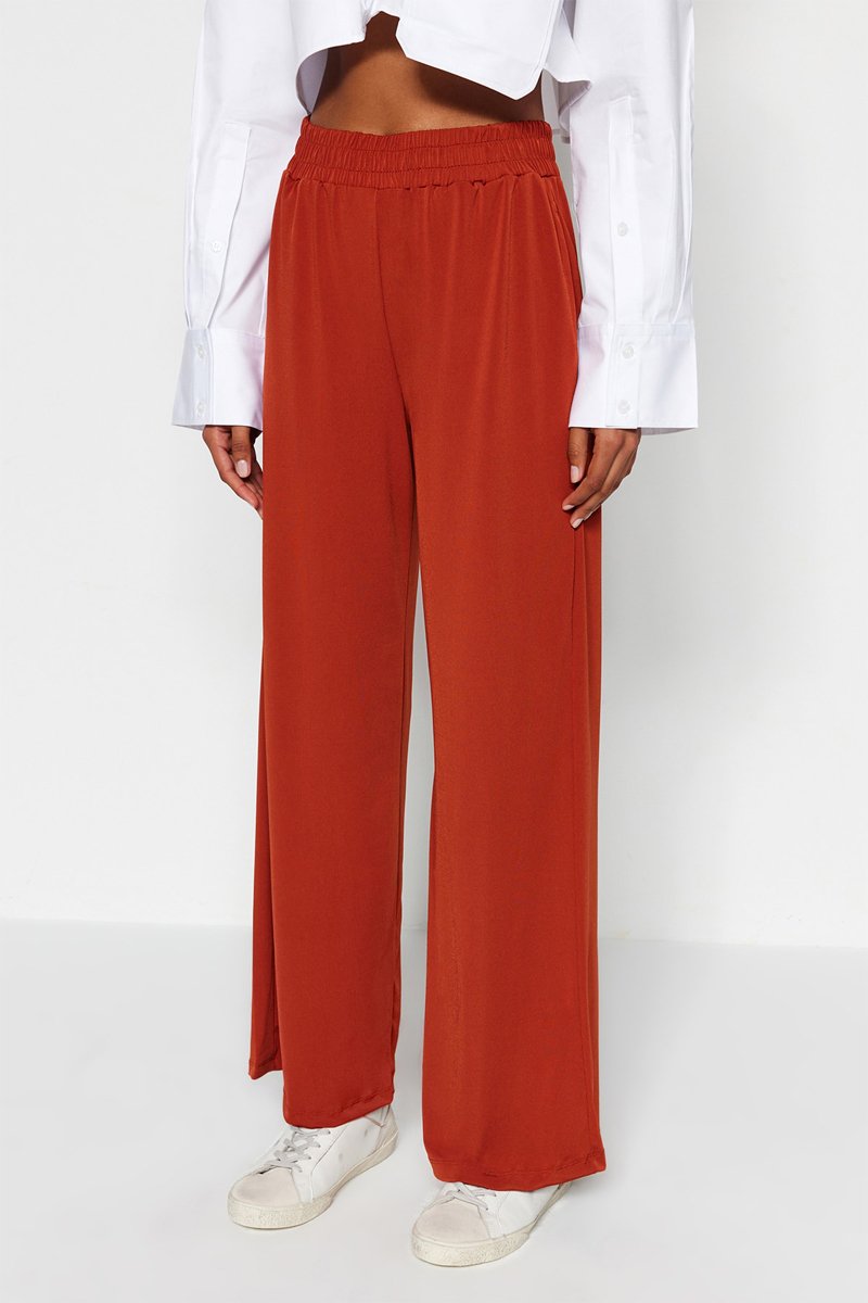 Pantalon wide legs casual taille haute - Rouge brique