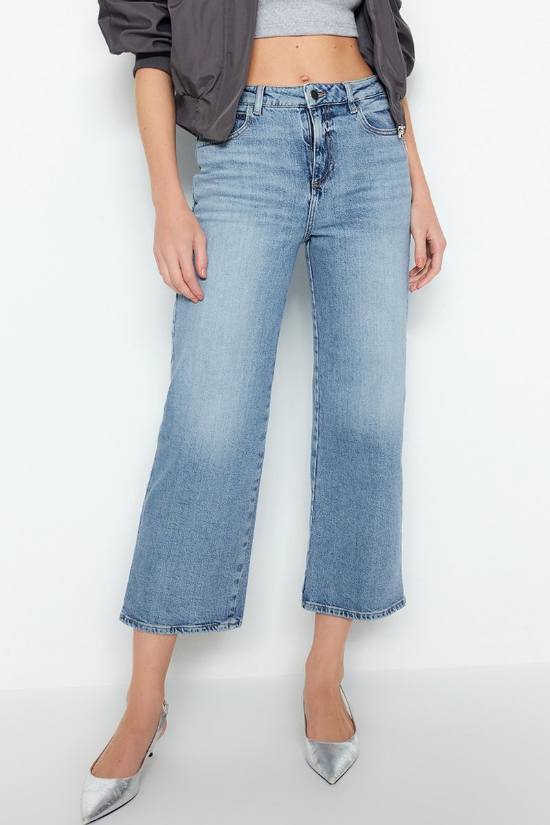 Jean droit 7/8 taille haute - Bleu