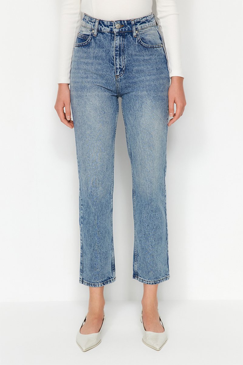 Jean droit 7/8 taille haute - Bleu