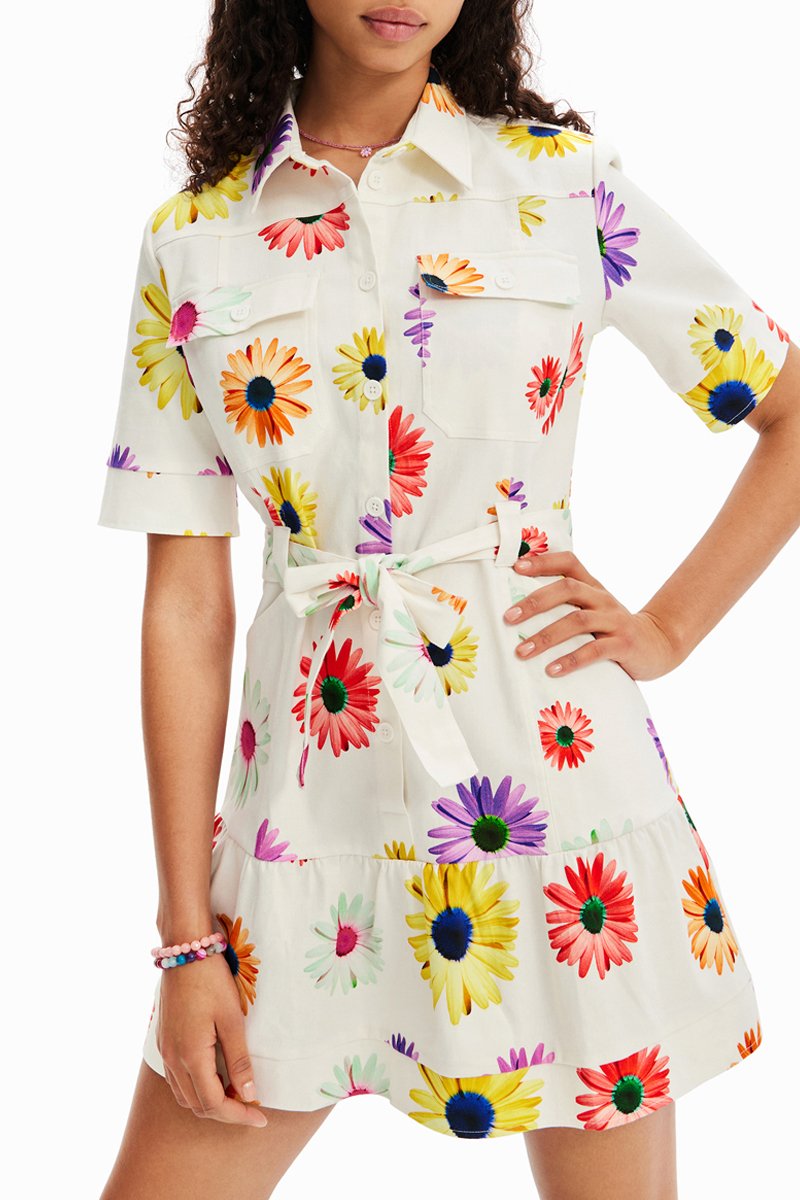 Robe trapèze - Blanc et corail