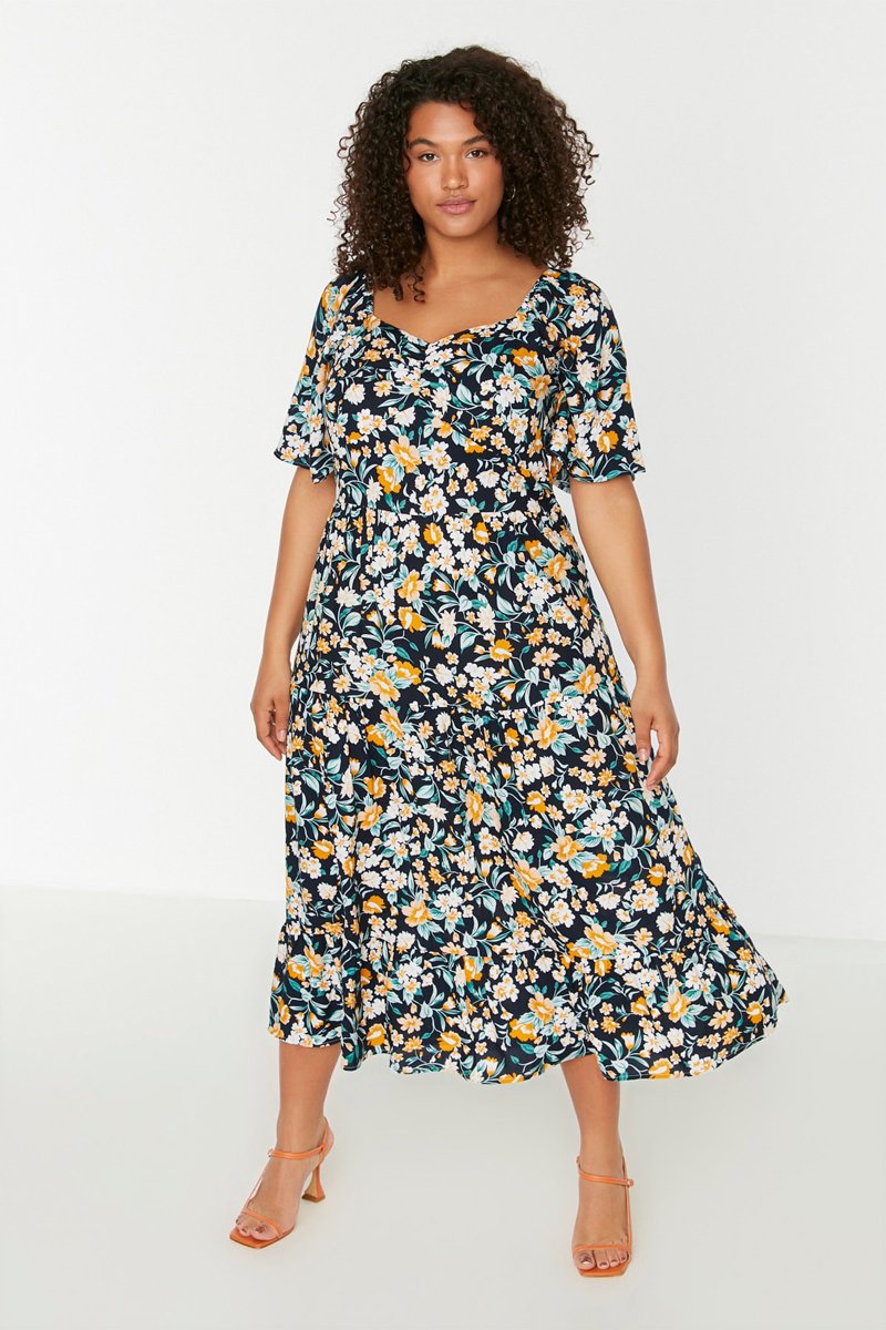 Robe midi - Bleu foncé et moutarde