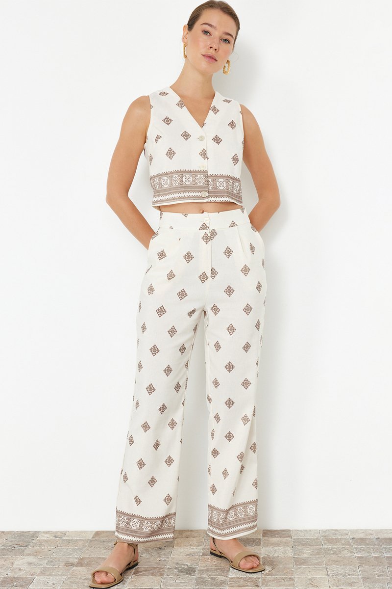 Top sans manches et pantalon taille haute - Ecru