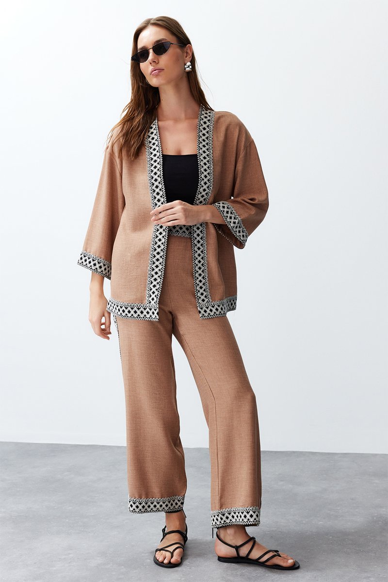 Kimono et pantalon 7/8 taille haute - Camel