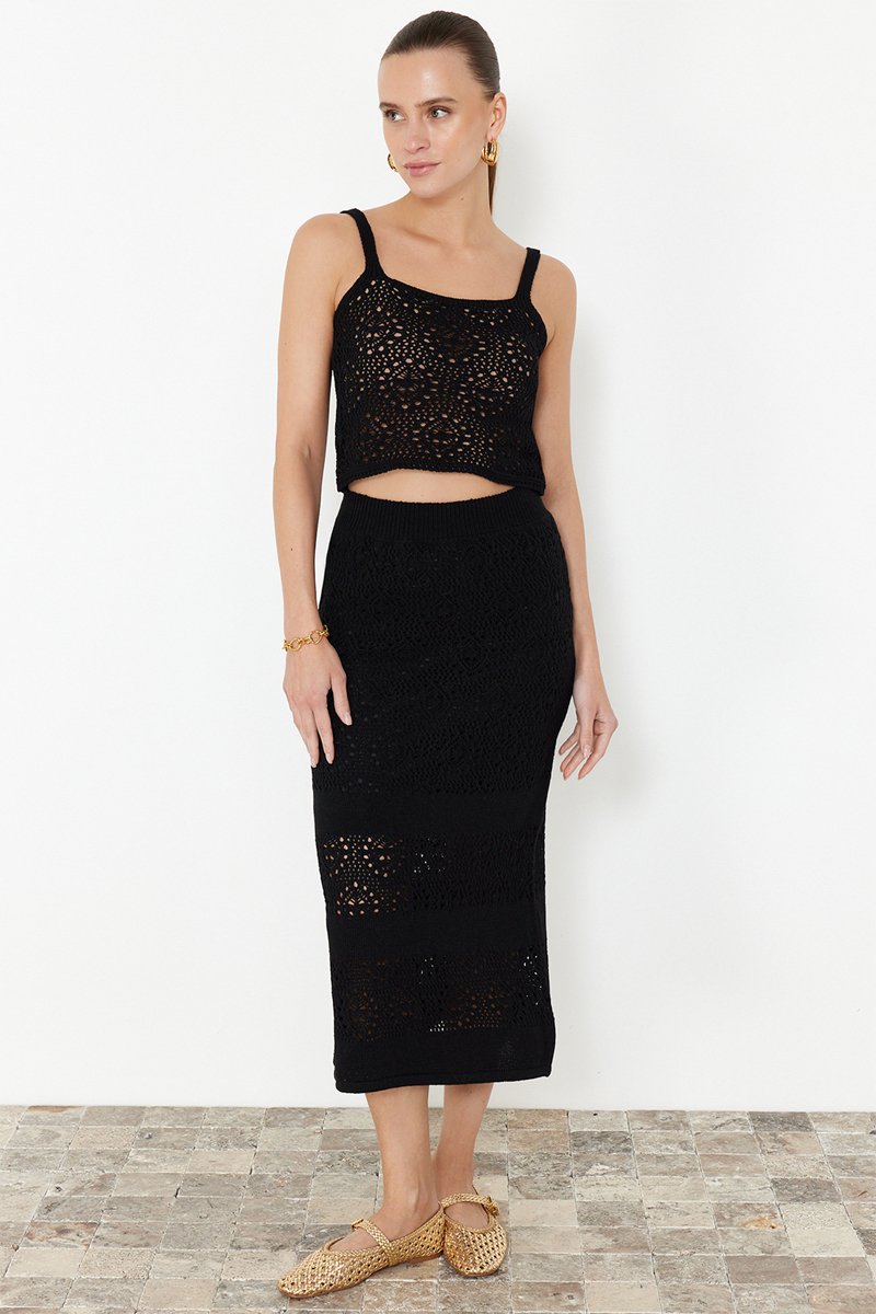 Crop top et jupe midi taille haute - Noir