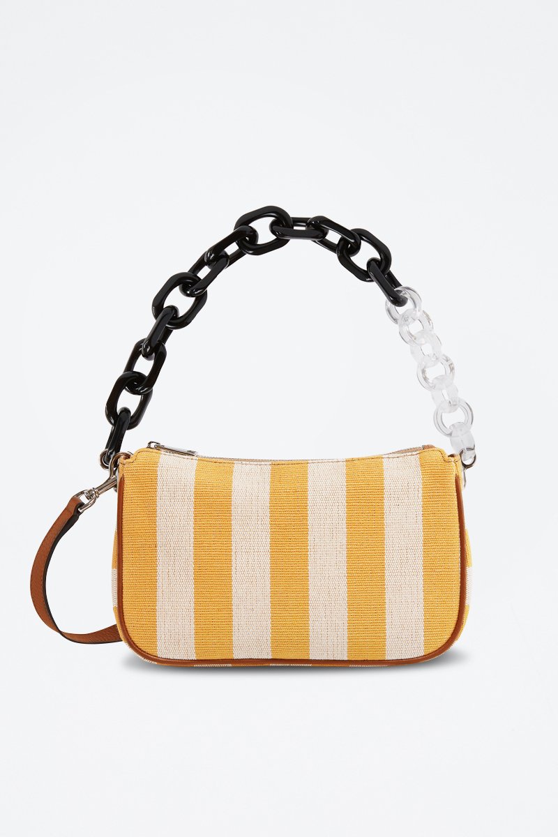 Sac bandoulière en jute et cuir de veau Moon S - Blanc et orange