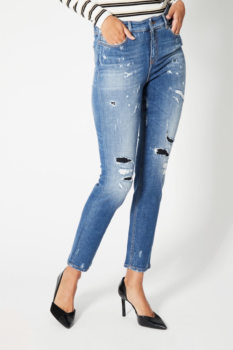 Jean skinny 7/8 taille haute Bleu clair et blanc
