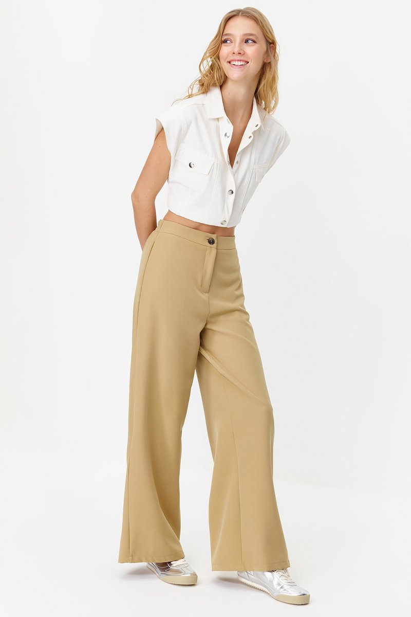 Pantalon wide legs taille haute - Beige