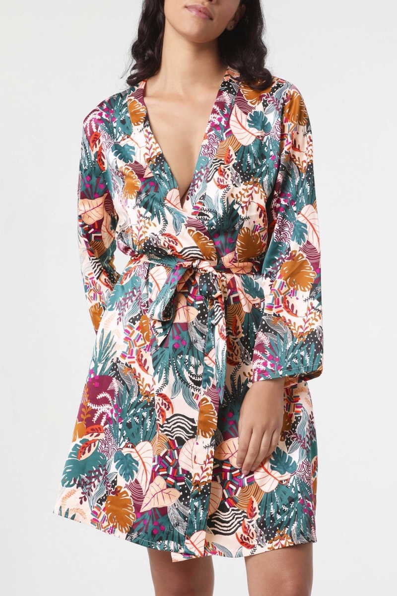 Kimono Andrea Vert foncé et saumon - Darjeeling