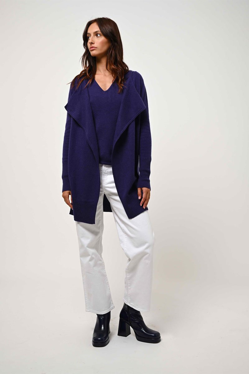 Gilet long Chésery 100% cachemire, 2 fils - Col à revers - Violet