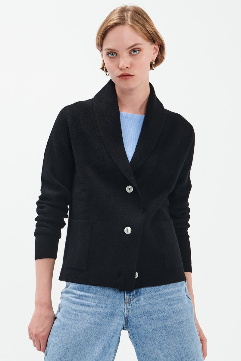 Gilet Mila 100% cachemire, 2 fils – Col Châle – Noir