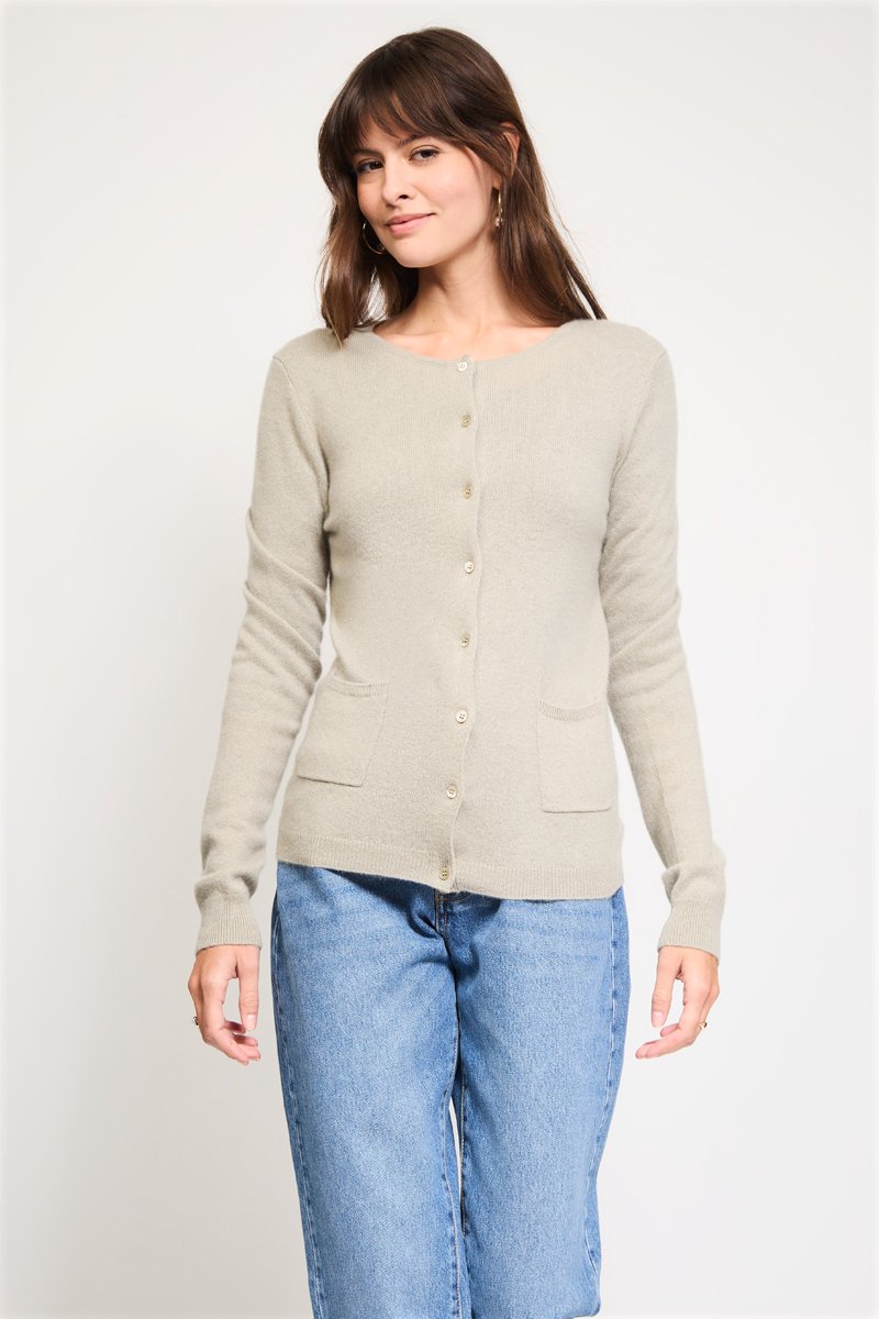 Gilet Katharine 100% cachemire, 2 fils - Col rond - Vert olive