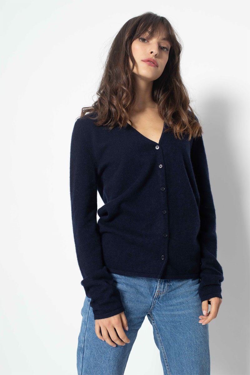 Gilet Chalais 100% cachemire, 2 fils - Col en V - Bleu marine