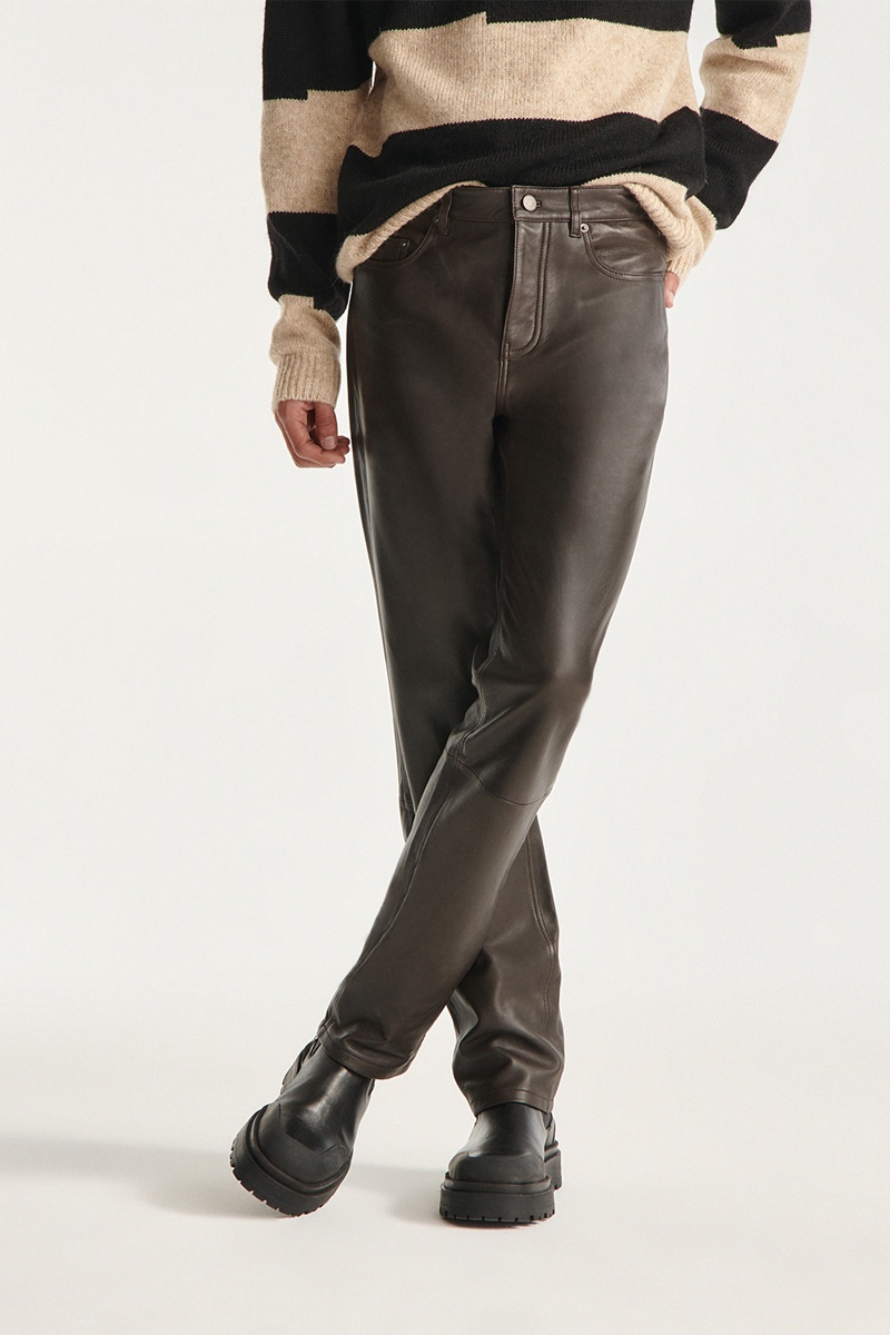 Pantalon droit en cuir d’agneau - Marron