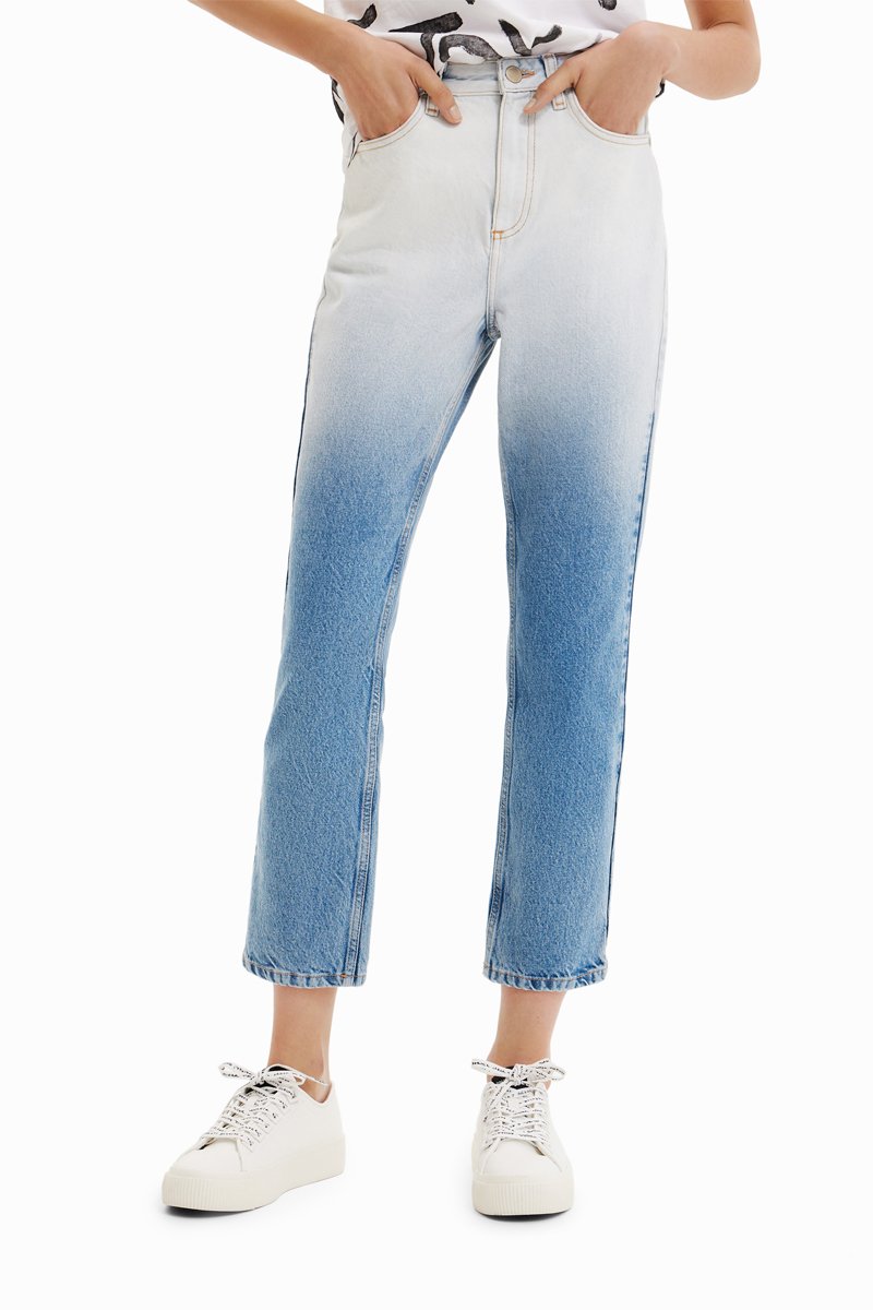 Jean droit 7/8 dip and dye taille haute - Bleu